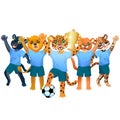 The jaguar with goblet and soccer ball, and the team of cougar, jaguar, lion, panther and tiger is on the white background