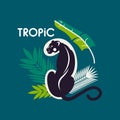 Jaguar label in tropical leaves with the inscription `Tropic`.