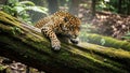 Jaguar Panthera onca resting on a moss covered log in a dense lush forest Royalty Free Stock Photo
