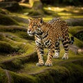 Jaguar (Panthera onca) walking on a ground covered with moss and tree roots Royalty Free Stock Photo