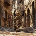 Jaguar prowling through a cobblestone street in a rustic town