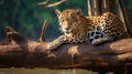 A Jaguar relaxes on a tree trunk on the banks of the Tambopata river. generative ai Royalty Free Stock Photo