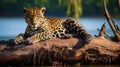 A Jaguar relaxes on a tree trunk on the banks of the Tambopata river. generative ai Royalty Free Stock Photo