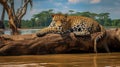 A Jaguar relaxes on a tree trunk on the banks of the Tambopata river. generative ai Royalty Free Stock Photo