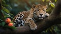 The Exotic Jaguar Resting on a Tree Branch with Peaches Around it Royalty Free Stock Photo