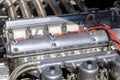 Jaguar retro vintage sports car engine close up. Restored motor