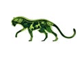 Jaguar silhouette with rainforest nature, jungle animals, vector illustration in paper art style. Multiple exposure.