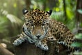 Jaguar sleeping on log closeup in jungle Royalty Free Stock Photo