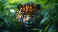 Jaguar stalking in rainforest foliage, sunlit background wildlife documentary Royalty Free Stock Photo
