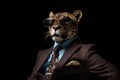 Jaguar In Suit And Sunglasses On Black Background. Generative AI Royalty Free Stock Photo