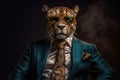 Jaguar In Suit And Sunglasses On Black Background. Generative AI Royalty Free Stock Photo