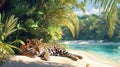 Jaguar at Tropical Beach Lagoon Royalty Free Stock Photo