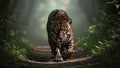Front View Jaguar Walking on Ground Amidst Lush Green Forest with Sunlight and Morning Mist Ambiance Jungle Predator Royalty Free Stock Photo