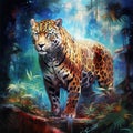 Jaguar watercolor painting with background predator animals wildlife wild and free wildlife print for t-shirt Royalty Free Stock Photo