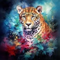 Jaguar watercolor painting with background predator animals wildlife wild and free wildlife print for t-shirt Royalty Free Stock Photo