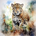 Jaguar watercolor painting with background predator animals wildlife wild and free wildlife print for t-shirt Royalty Free Stock Photo