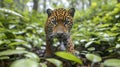 Jaguars expertly camouflaged, stealthily hunting along the river banks in the lush tropical jungle