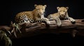 jaguars lounging gracefully on a sturdy tree branch, their sleek bodies blending seamlessly with the lush foliage of the