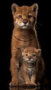 Jaguarundi adult and kitten portrait with empty space on the left for text placement