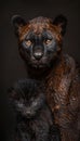 Jaguarundi father and kitten portrait with empty space on the left for text customization