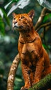 Jaguarundi father and kitten portrait with empty space on the left for text placement