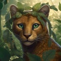 A Jaguarundi Head Wrapped In Green Leaves On A Background Of Leaves. Generative AI