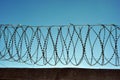 Jail fence top with barbed wire, winter blue bright sky Royalty Free Stock Photo