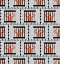 Jail pattern seamless. Prisoner in prison background. Perpetrator and bars on windows. Barbed wire around perimeter