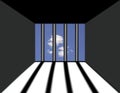 Jail seen from inside. Interior of a prison cell with light shining through a barred window and blue sky and white clouds outside.