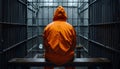 Jailed man dressed in orange jumpsuit sit on a bench