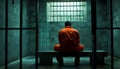 Jailed man dressed in orange jumpsuit sit on a bench