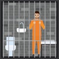 Jailed man in prison cell. Suspect, convict in Interrogation Room. Lawbreaker or offender in prison uniform Royalty Free Stock Photo