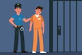 Jailer leads convict to prison cell. Policeman and prisoner in handcuff near jail. Jailhouse cage lattice. Punishment Royalty Free Stock Photo