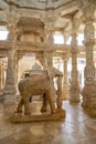 Ranakpur Jain Temple, interior with elephant statues and finely carved marble columns with bas-reliefs, Rajasthan