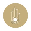 Jainism Ahimsa Hand sign icon in badge style. One of religion symbol collection icon can be used for UI, UX