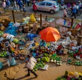 JAIPUR, INDIA - AUGUST 25 2017: Aerial view of indian women sells assorted food in the streets in Jaipur, India. In