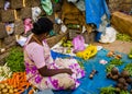 JAIPUR, INDIA - AUGUST 25 2017: Indian women sells assorted food in the streets in Jaipur, India. In India poor women