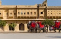 Jaipur, India - December 29, 2014: Decorated elephant carries to Amber Fort