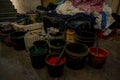 JAIPUR, INDIA - SEPTEMBER 19, 2017: Close up of a plastic pails with assorted colors of painting, used for for Textile