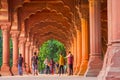 Jaipur, India - September 19, 2017: Unidentified people walking inside of Muslim architecture detail of Diwan-i-Am, or