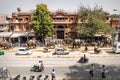 Painted elephants for the Holi Elephant festival riding through the busy traffic of the city in Jaipur, Rajasthan, India Royalty Free Stock Photo