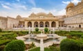 Amer Fort medieval royal palace architecture made of white marble with garden at Jaipur, Rajasthan, India Royalty Free Stock Photo