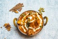 Jaipuri butter Chicken korma karahi masala with chili sauce served in a dish isolated on grey background top view of bangladesh Royalty Free Stock Photo