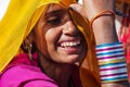 Jaisalmer, India - Dec 31, 2019: Rajasthani gypsy woman in traditional attire
