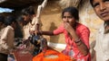 Jaisalmer, India - December 20, 2017: Girl working on a sewing machine.