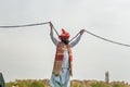 Indian man with beard and long mustache wearing traditional clothes in Desert Festival in Jaisalmer. Rajasthan. India Royalty Free Stock Photo