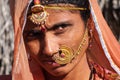 Jaisalmer, India - Jan 01, 2020: Rajasthani gypsy woman in traditional attire