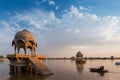 Jaisalmer, Rajasthan, India - 14.10.2019: Chhatris, dome-shaped pavilions on Gadisar or Gadaria lake, Built by King Rawal Jaisal,