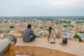 Jaisalmer, Rajasthan, India - July 29, 2019 : Photographer Capturing Aerial View of Golden City