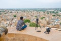 Jaisalmer, Rajasthan, India - July 29, 2019 : Photographer Capturing Aerial View of Golden City